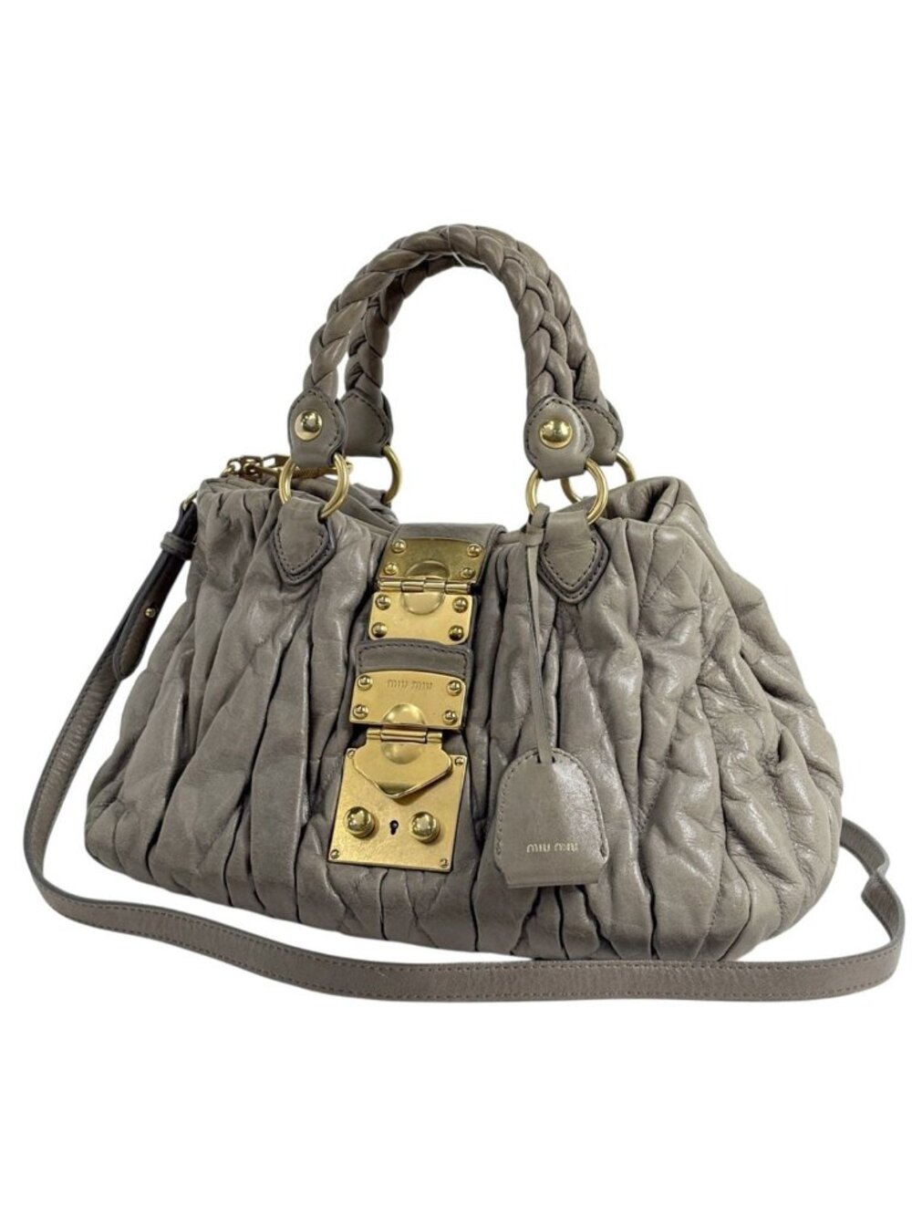Miu Miu Matelasse Handle 2-Way Leather Gray Handbag